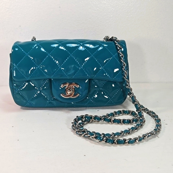 Chanel Classic Extra Mini Rectangular Patent Leather Flap Bag Blue Teal - Picture 1 of 13